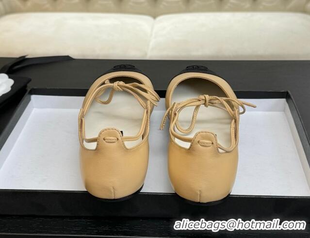 Luxury Discount Chanel Lambskin & Grosgrain Mary Janes Ballet Flats with Lace-up Beige Yellow 2025 G46324