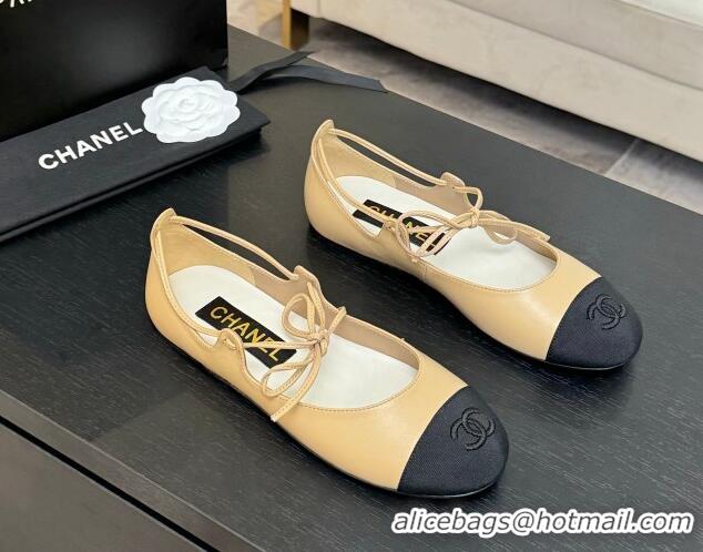 Luxury Discount Chanel Lambskin & Grosgrain Mary Janes Ballet Flats with Lace-up Beige Yellow 2025 G46324