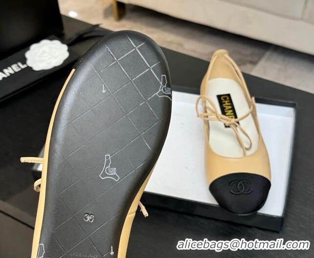 Luxury Discount Chanel Lambskin & Grosgrain Mary Janes Ballet Flats with Lace-up Beige Yellow 2025 G46324