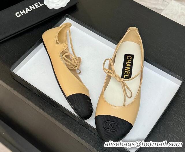 Luxury Discount Chanel Lambskin & Grosgrain Mary Janes Ballet Flats with Lace-up Beige Yellow 2025 G46324