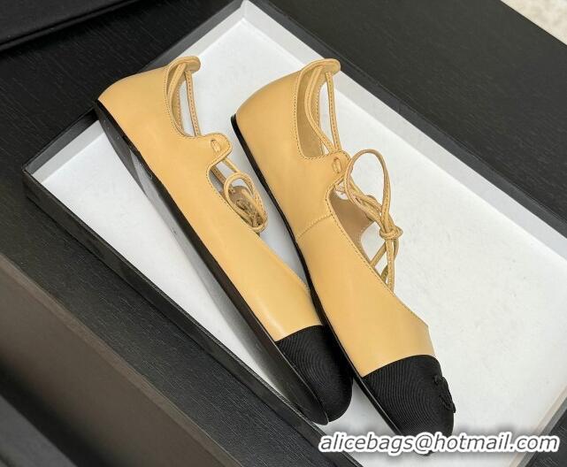 Luxury Discount Chanel Lambskin & Grosgrain Mary Janes Ballet Flats with Lace-up Beige Yellow 2025 G46324
