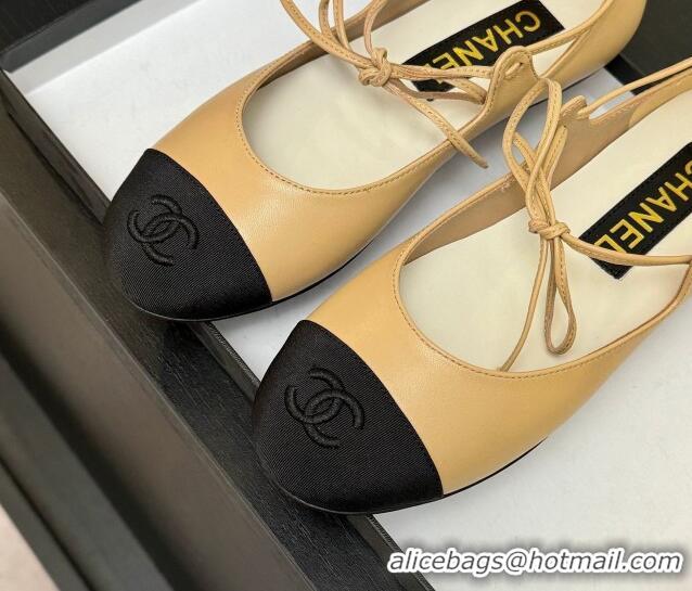 Luxury Discount Chanel Lambskin & Grosgrain Mary Janes Ballet Flats with Lace-up Beige Yellow 2025 G46324