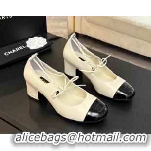 Trendy Design Chanel Lambskin & Patent Calfskin Mary Janes Pumps 5cm with Lace-up White 2025 G46323