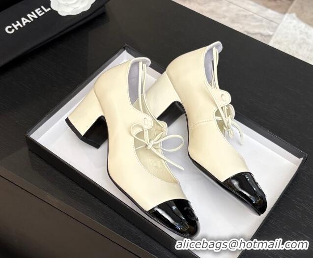 Trendy Design Chanel Lambskin & Patent Calfskin Mary Janes Pumps 5cm with Lace-up White 2025 G46323