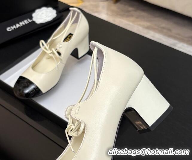 Trendy Design Chanel Lambskin & Patent Calfskin Mary Janes Pumps 5cm with Lace-up White 2025 G46323
