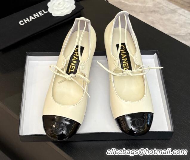 Trendy Design Chanel Lambskin & Patent Calfskin Mary Janes Pumps 5cm with Lace-up White 2025 G46323