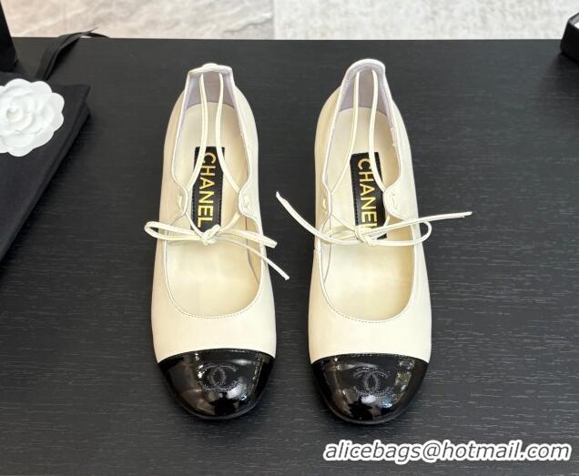 Trendy Design Chanel Lambskin & Patent Calfskin Mary Janes Pumps 5cm with Lace-up White 2025 G46323