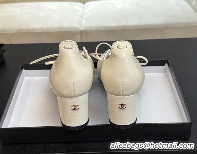 Trendy Design Chanel Lambskin & Patent Calfskin Mary Janes Pumps 5cm with Lace-up White 2025 G46323