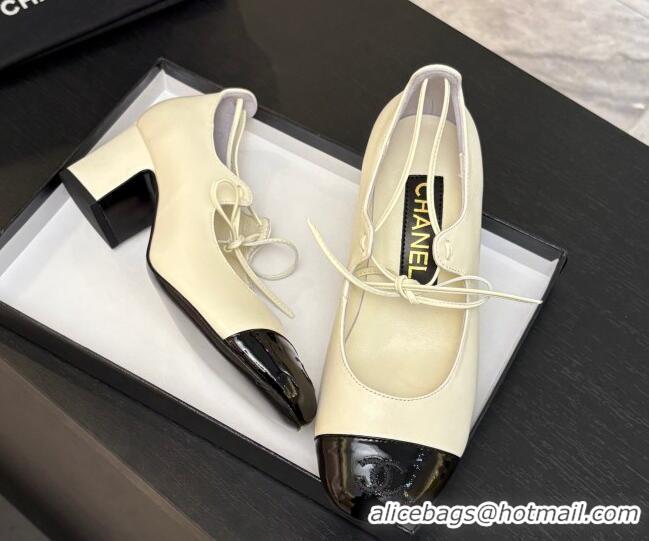 Trendy Design Chanel Lambskin & Patent Calfskin Mary Janes Pumps 5cm with Lace-up White 2025 G46323