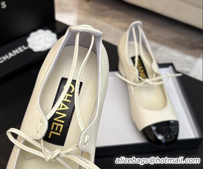 Trendy Design Chanel Lambskin & Patent Calfskin Mary Janes Pumps 5cm with Lace-up White 2025 G46323