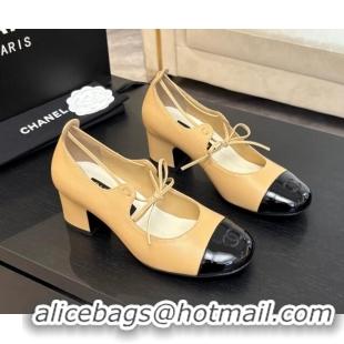 Charming Chanel Lambskin & Patent Calfskin Mary Janes Pumps 5cm with Lace-up Beige Yellow 2025 G46323