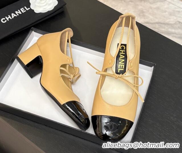 Charming Chanel Lambskin & Patent Calfskin Mary Janes Pumps 5cm with Lace-up Beige Yellow 2025 G46323