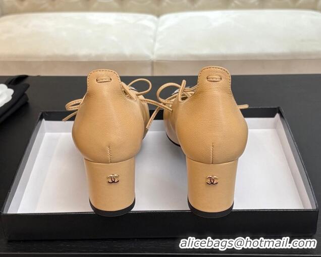 Charming Chanel Lambskin & Patent Calfskin Mary Janes Pumps 5cm with Lace-up Beige Yellow 2025 G46323