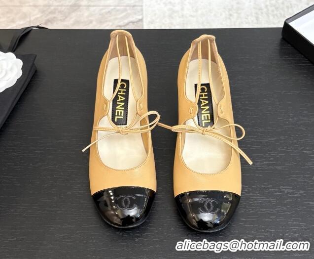 Charming Chanel Lambskin & Patent Calfskin Mary Janes Pumps 5cm with Lace-up Beige Yellow 2025 G46323
