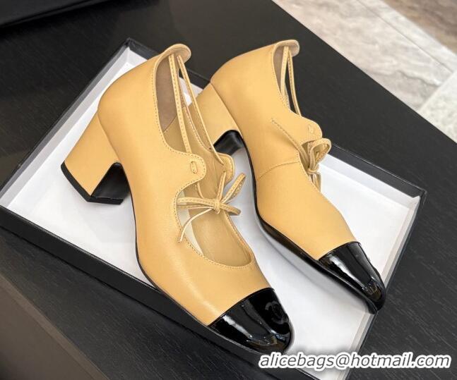 Charming Chanel Lambskin & Patent Calfskin Mary Janes Pumps 5cm with Lace-up Beige Yellow 2025 G46323