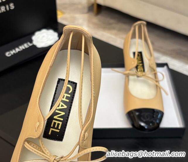 Charming Chanel Lambskin & Patent Calfskin Mary Janes Pumps 5cm with Lace-up Beige Yellow 2025 G46323