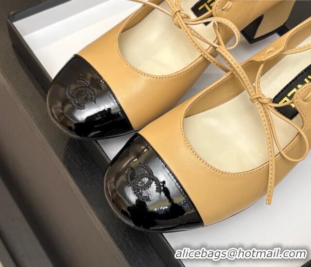 Charming Chanel Lambskin & Patent Calfskin Mary Janes Pumps 5cm with Lace-up Beige Yellow 2025 G46323