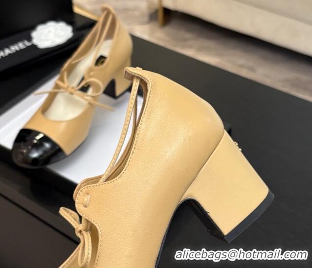 Charming Chanel Lambskin & Patent Calfskin Mary Janes Pumps 5cm with Lace-up Beige Yellow 2025 G46323