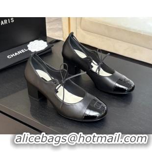 Hot Style Chanel Lambskin & Patent Calfskin Mary Janes Pumps 5cm with Lace-up Black 2025 G46323