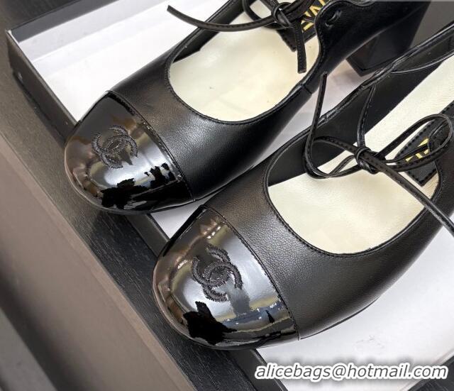 Hot Style Chanel Lambskin & Patent Calfskin Mary Janes Pumps 5cm with Lace-up Black 2025 G46323