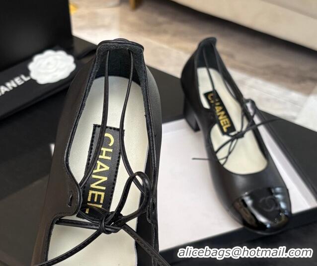 Hot Style Chanel Lambskin & Patent Calfskin Mary Janes Pumps 5cm with Lace-up Black 2025 G46323