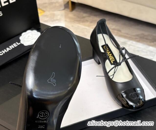 Hot Style Chanel Lambskin & Patent Calfskin Mary Janes Pumps 5cm with Lace-up Black 2025 G46323