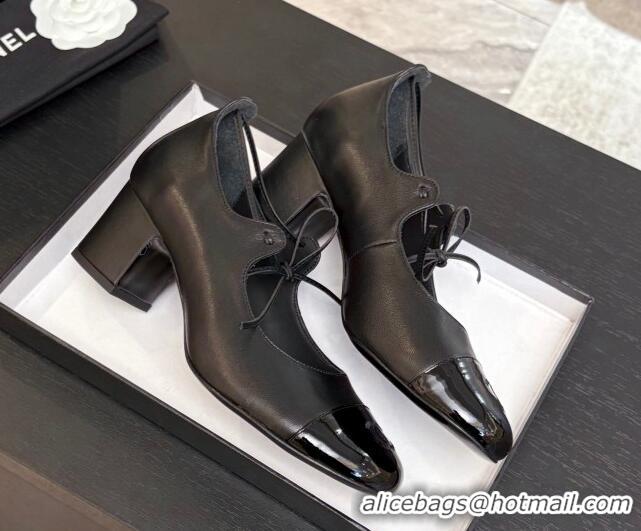 Hot Style Chanel Lambskin & Patent Calfskin Mary Janes Pumps 5cm with Lace-up Black 2025 G46323