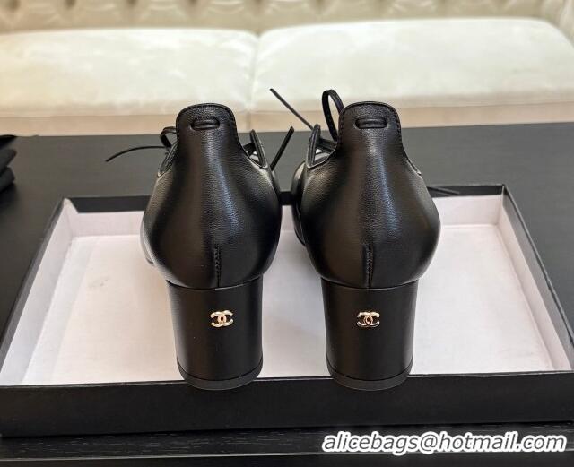 Hot Style Chanel Lambskin & Patent Calfskin Mary Janes Pumps 5cm with Lace-up Black 2025 G46323