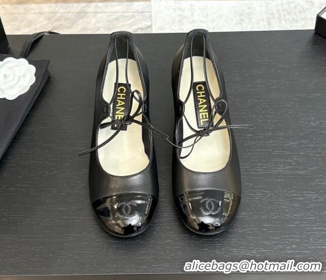 Hot Style Chanel Lambskin & Patent Calfskin Mary Janes Pumps 5cm with Lace-up Black 2025 G46323