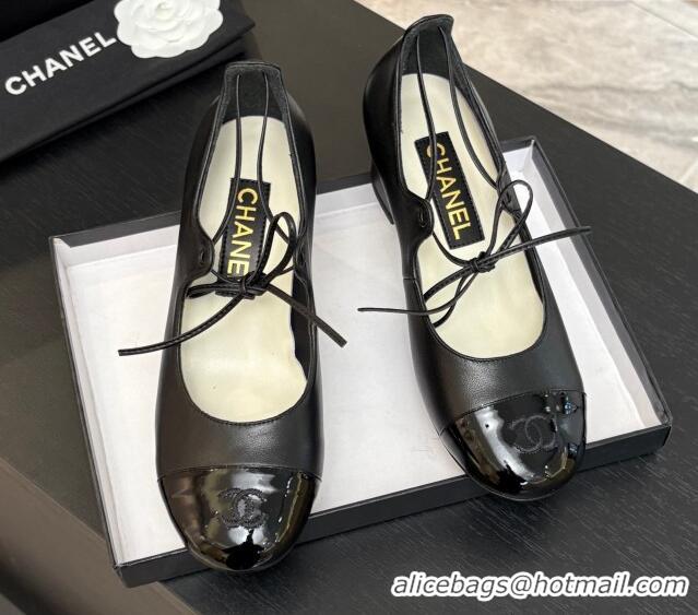 Hot Style Chanel Lambskin & Patent Calfskin Mary Janes Pumps 5cm with Lace-up Black 2025 G46323