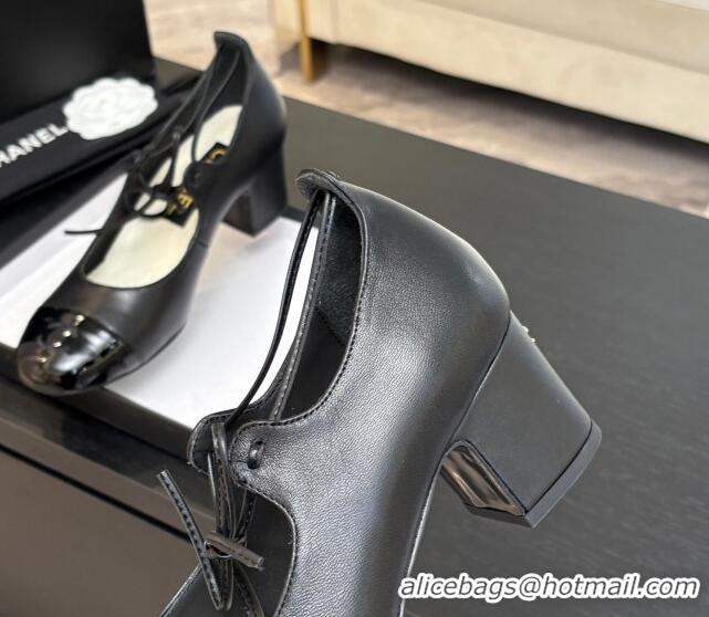 Hot Style Chanel Lambskin & Patent Calfskin Mary Janes Pumps 5cm with Lace-up Black 2025 G46323