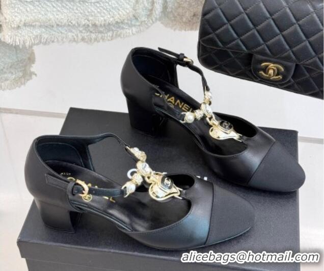 Shop Duplicate Chanel Lambskin & Grosgrain Mary Janes Pumps 5.5cm with Heart Chain Charm Black 2025 CH041723