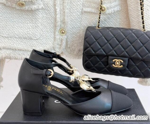 Shop Duplicate Chanel Lambskin & Grosgrain Mary Janes Pumps 5.5cm with Heart Chain Charm Black 2025 CH041723