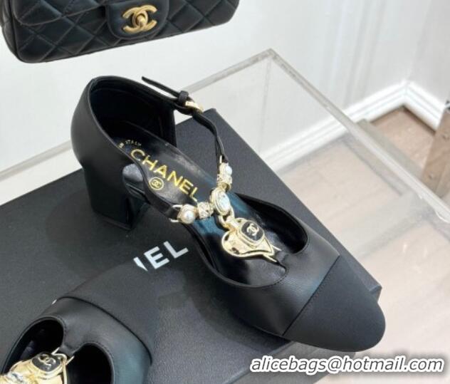 Shop Duplicate Chanel Lambskin & Grosgrain Mary Janes Pumps 5.5cm with Heart Chain Charm Black 2025 CH041723