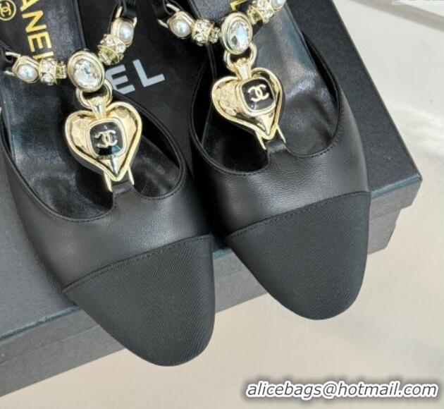 Shop Duplicate Chanel Lambskin & Grosgrain Mary Janes Pumps 5.5cm with Heart Chain Charm Black 2025 CH041723