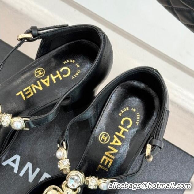 Shop Duplicate Chanel Lambskin & Grosgrain Mary Janes Pumps 5.5cm with Heart Chain Charm Black 2025 CH041723