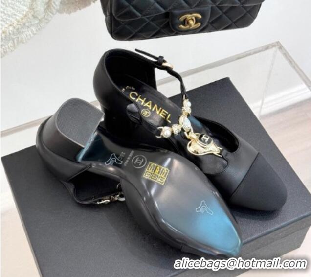 Shop Duplicate Chanel Lambskin & Grosgrain Mary Janes Pumps 5.5cm with Heart Chain Charm Black 2025 CH041723