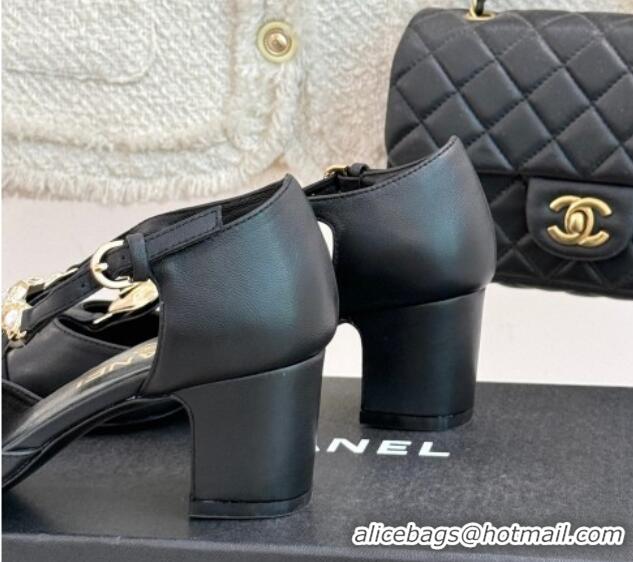 Shop Duplicate Chanel Lambskin & Grosgrain Mary Janes Pumps 5.5cm with Heart Chain Charm Black 2025 CH041723