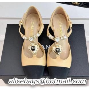Top Design Chanel Lambskin & Grosgrain Mary Janes Pumps 5.5cm with Heart Chain Charm Beige 2025 CH041723