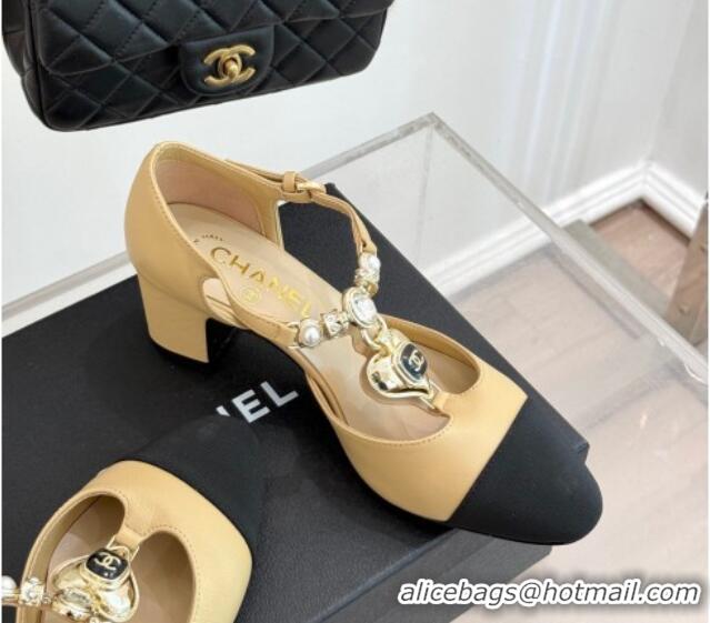 Top Design Chanel Lambskin & Grosgrain Mary Janes Pumps 5.5cm with Heart Chain Charm Beige 2025 CH041723