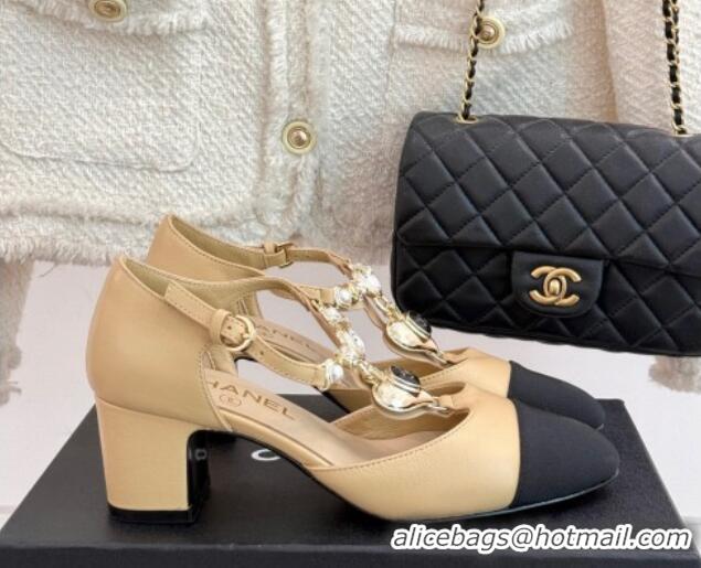 Top Design Chanel Lambskin & Grosgrain Mary Janes Pumps 5.5cm with Heart Chain Charm Beige 2025 CH041723