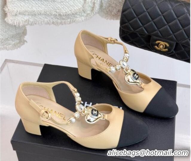Top Design Chanel Lambskin & Grosgrain Mary Janes Pumps 5.5cm with Heart Chain Charm Beige 2025 CH041723