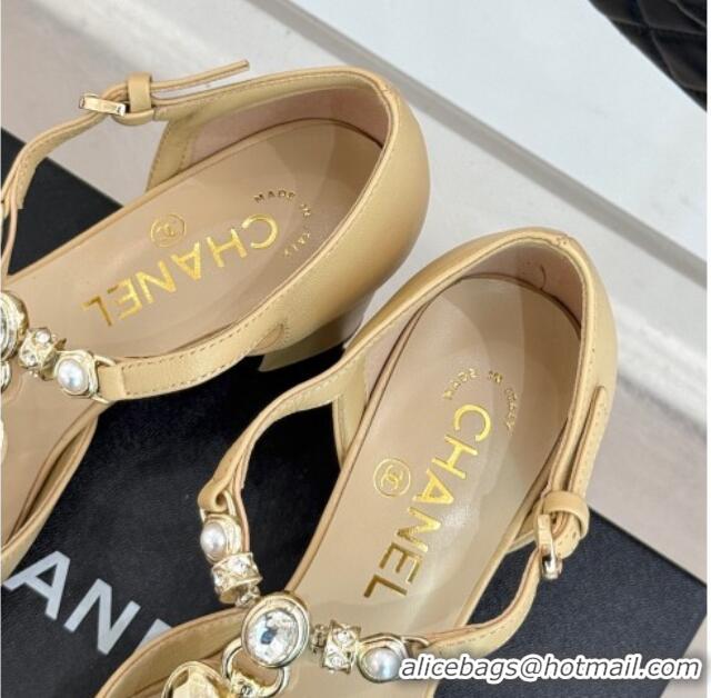 Top Design Chanel Lambskin & Grosgrain Mary Janes Pumps 5.5cm with Heart Chain Charm Beige 2025 CH041723