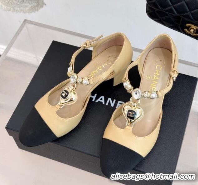 Top Design Chanel Lambskin & Grosgrain Mary Janes Pumps 5.5cm with Heart Chain Charm Beige 2025 CH041723