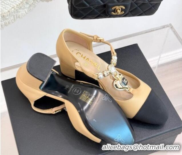 Top Design Chanel Lambskin & Grosgrain Mary Janes Pumps 5.5cm with Heart Chain Charm Beige 2025 CH041723