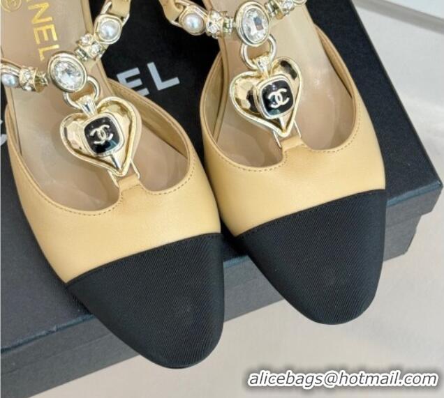 Top Design Chanel Lambskin & Grosgrain Mary Janes Pumps 5.5cm with Heart Chain Charm Beige 2025 CH041723