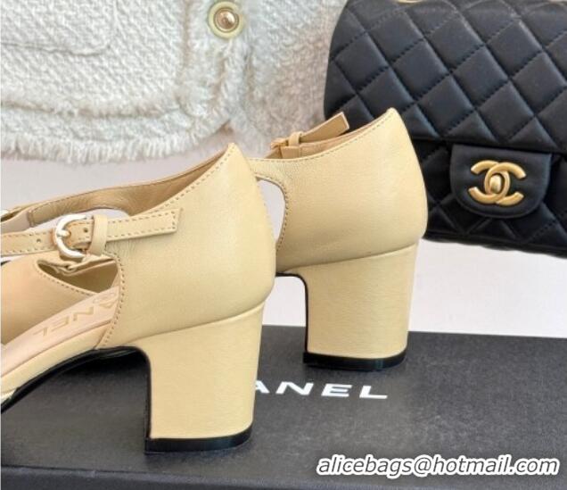 Top Design Chanel Lambskin & Grosgrain Mary Janes Pumps 5.5cm with Heart Chain Charm Beige 2025 CH041723