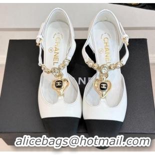 Lowest Price Chanel Lambskin & Grosgrain Mary Janes Pumps 5.5cm with Heart Chain Charm White 2025 CH041723
