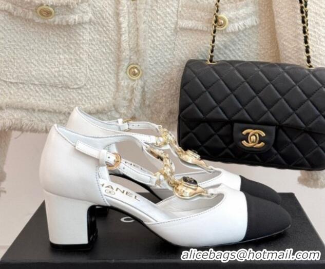Lowest Price Chanel Lambskin & Grosgrain Mary Janes Pumps 5.5cm with Heart Chain Charm White 2025 CH041723