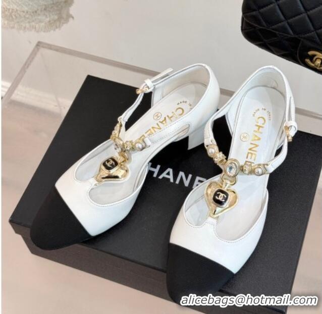 Lowest Price Chanel Lambskin & Grosgrain Mary Janes Pumps 5.5cm with Heart Chain Charm White 2025 CH041723